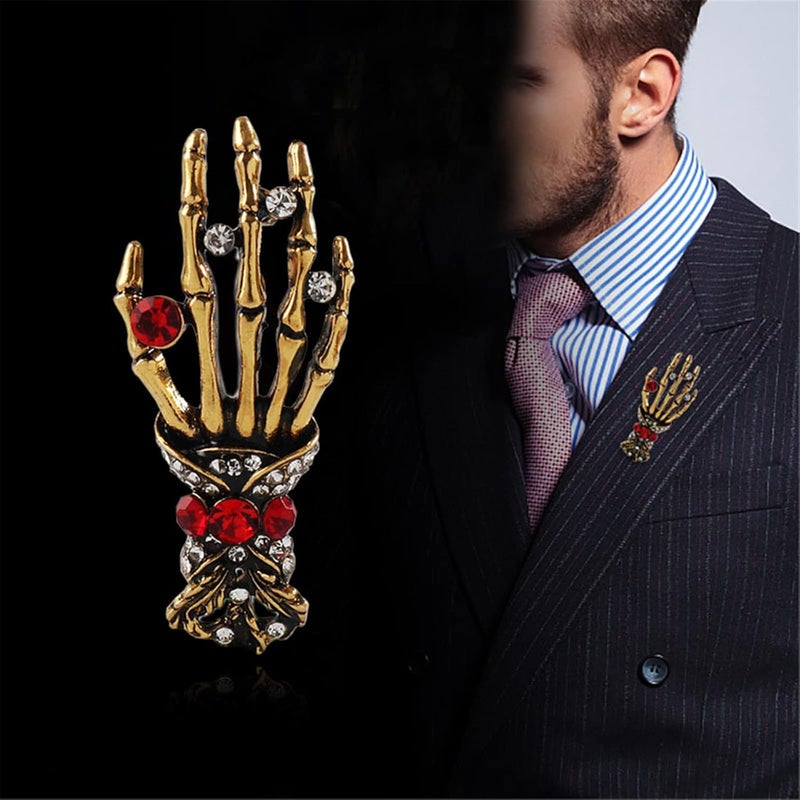 WCRAZYE 2PCS Vintage Skeleton Hand Long Chain Lapel Pin for Women Men Gothic Punk Brooch Retro Crystal Skeleton Skull Collar Pin Halloween Gifts - Image 4